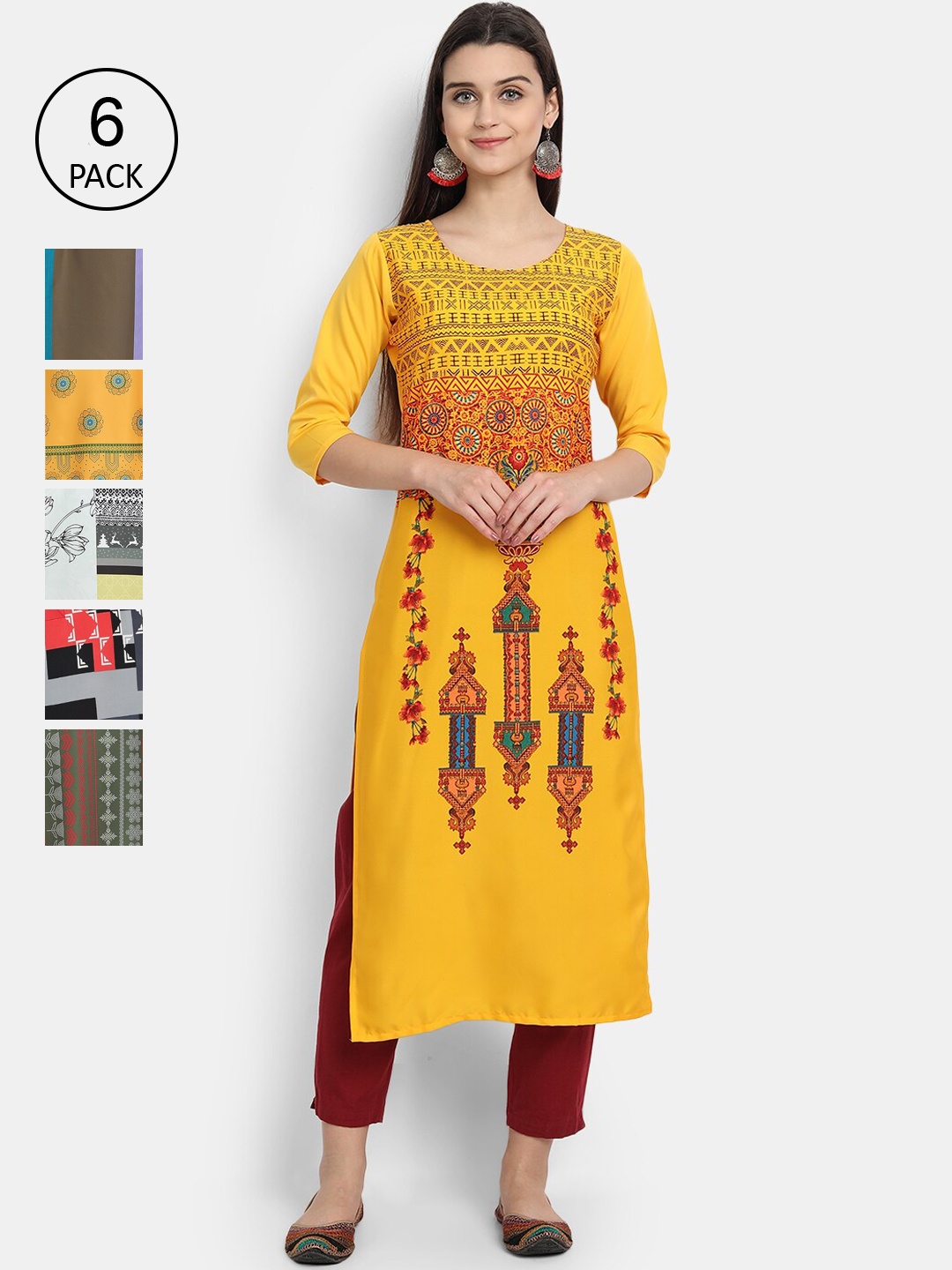 7Threads Women Pack Of 6 Ethnic Motifs Printed Crepe Kurta, Multi