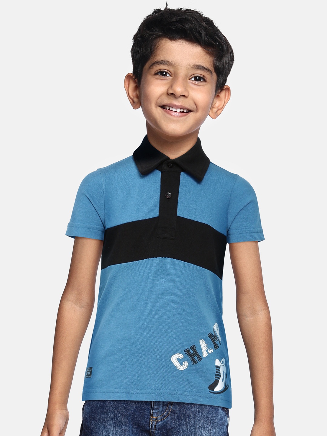 abof Boys Blue & Black Typography Printed Polo Collar T-shirt