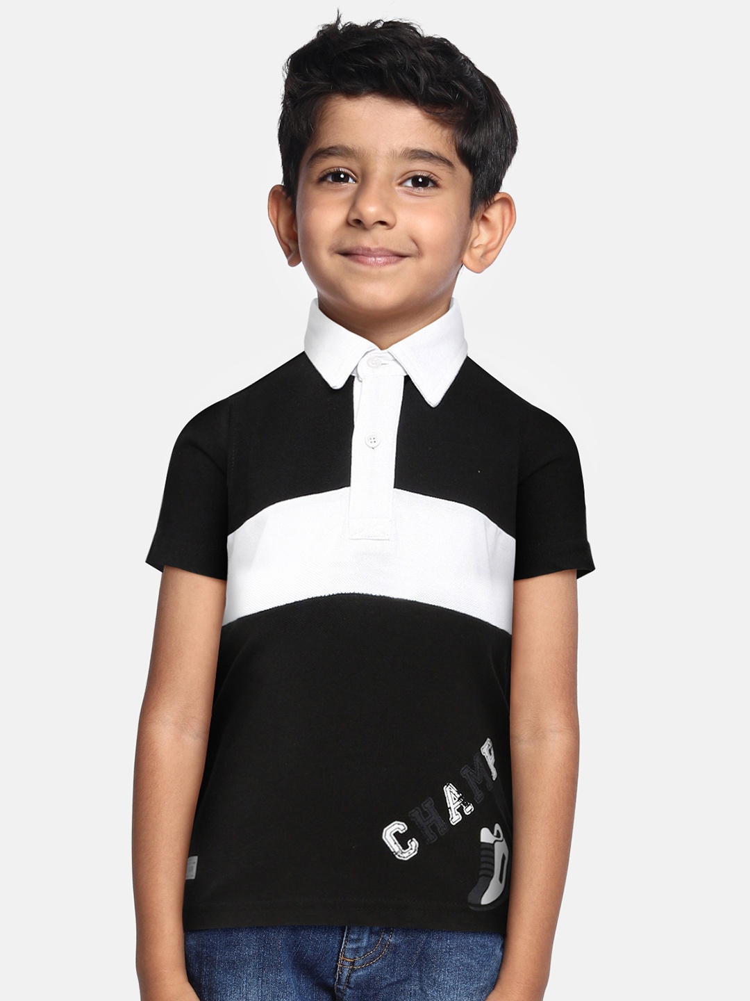 abof Boys Black & White Typography Printed Polo Collar T-shirt