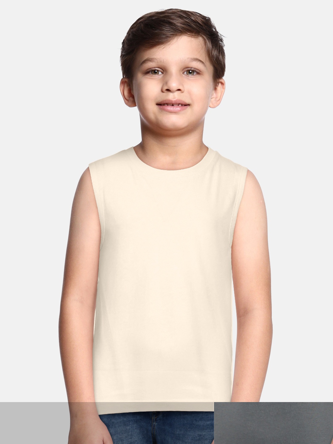 abof Boys Cream-Coloured & Charcoal Grey Pack Of 3 Round Neck Pure Cotton Tank T-shirt
abof Boys Cream-Coloured & Charcoal Grey Pack Of 3 Round Neck Pure Cotton Tank T-shirt