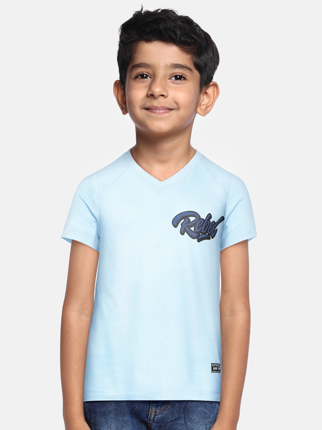 abof Boys Blue Typography Printed V-Neck Pure Cotton T-shirt