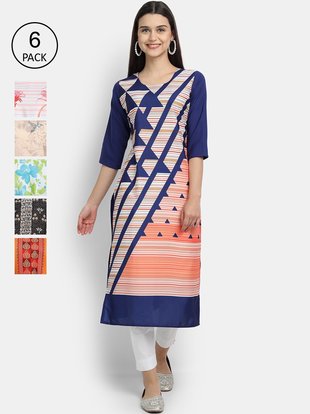 7Threads Women Pack Of 6 Geometric Printed Crepe Kurta, Multi