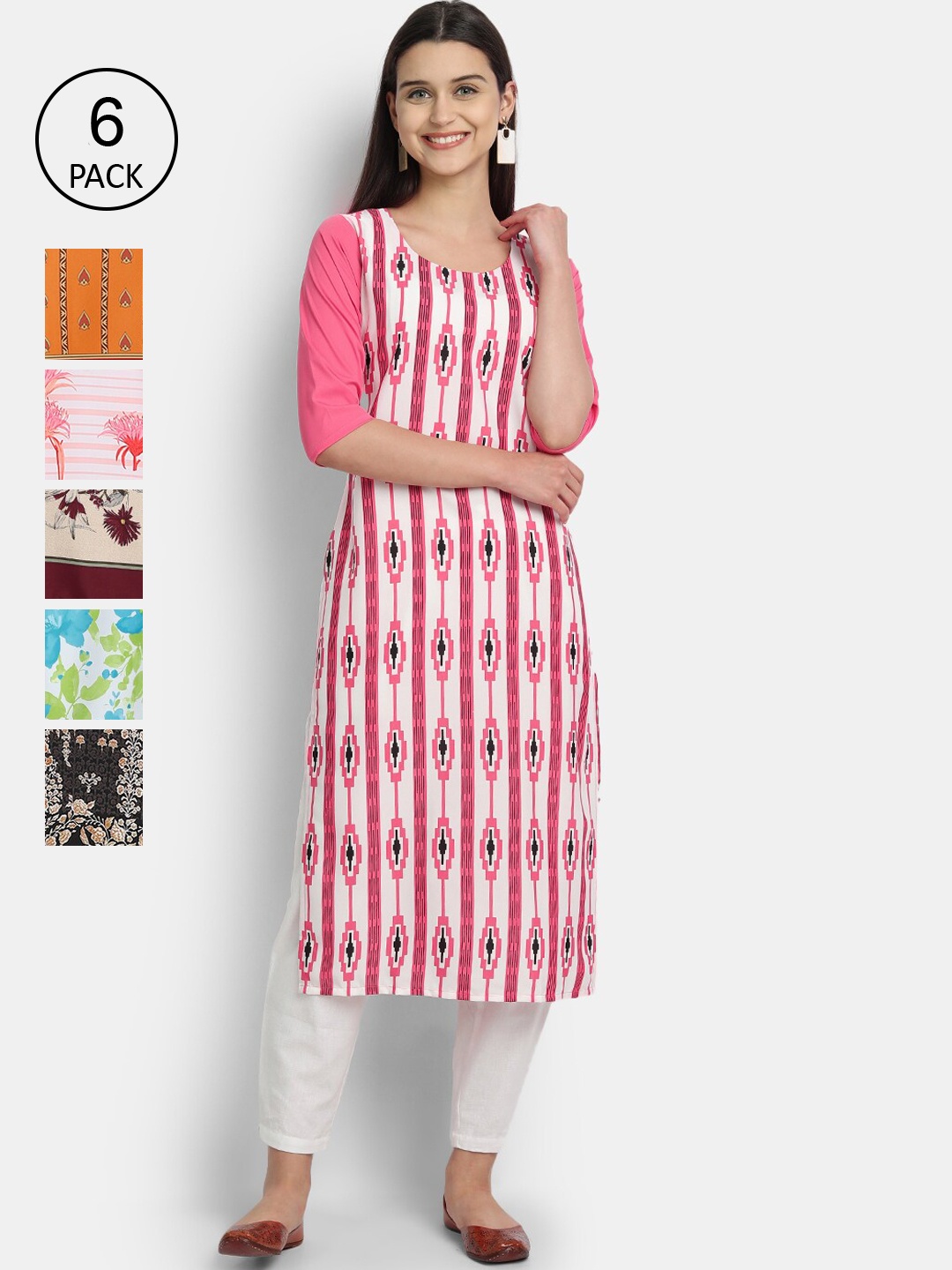 7Threads Women Multicoloured Pack of 6 Printed Crepe Kurta, Multi