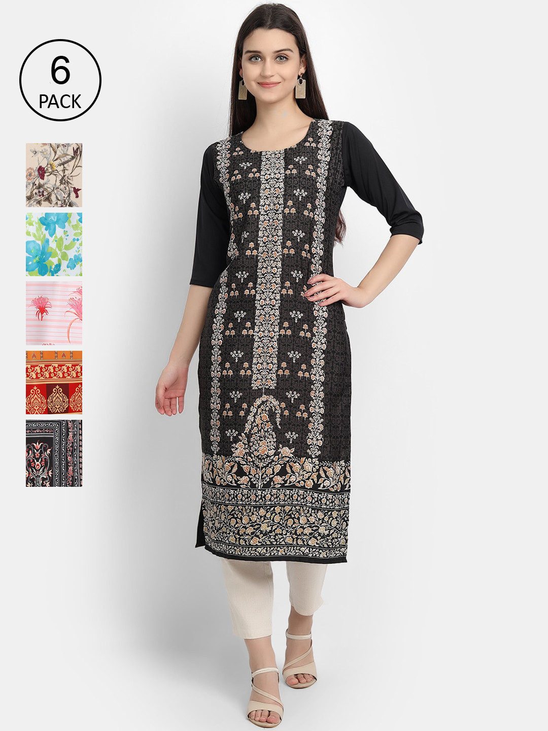 7Threads Women Pack Of 6 Printed Crepe Kurtas, Black
7Threads Women Pack Of 6 Printed Crepe Kurtas, Black