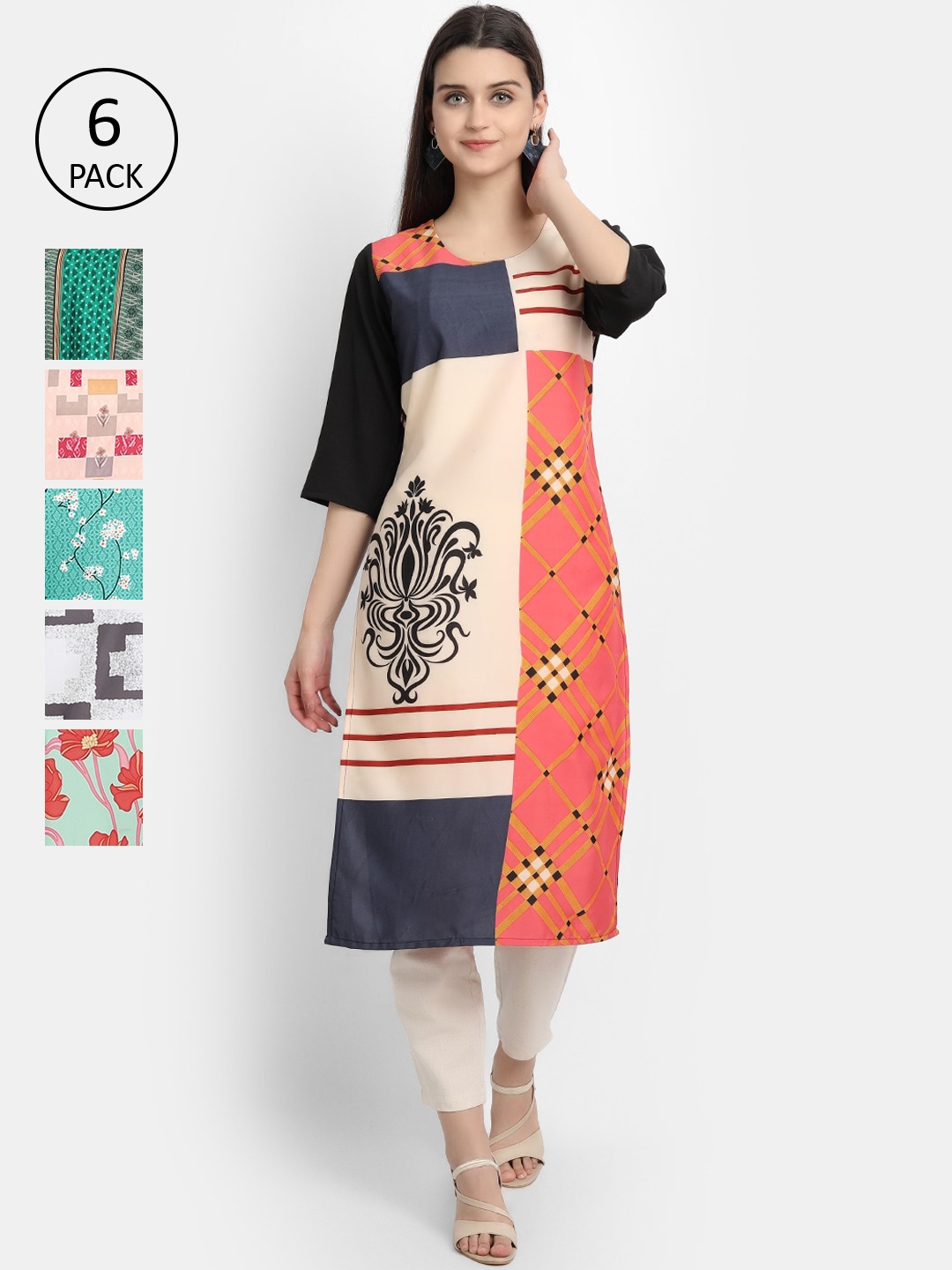 7Threads Women Pack of 6 Printed Crepe Kurtas, Pink