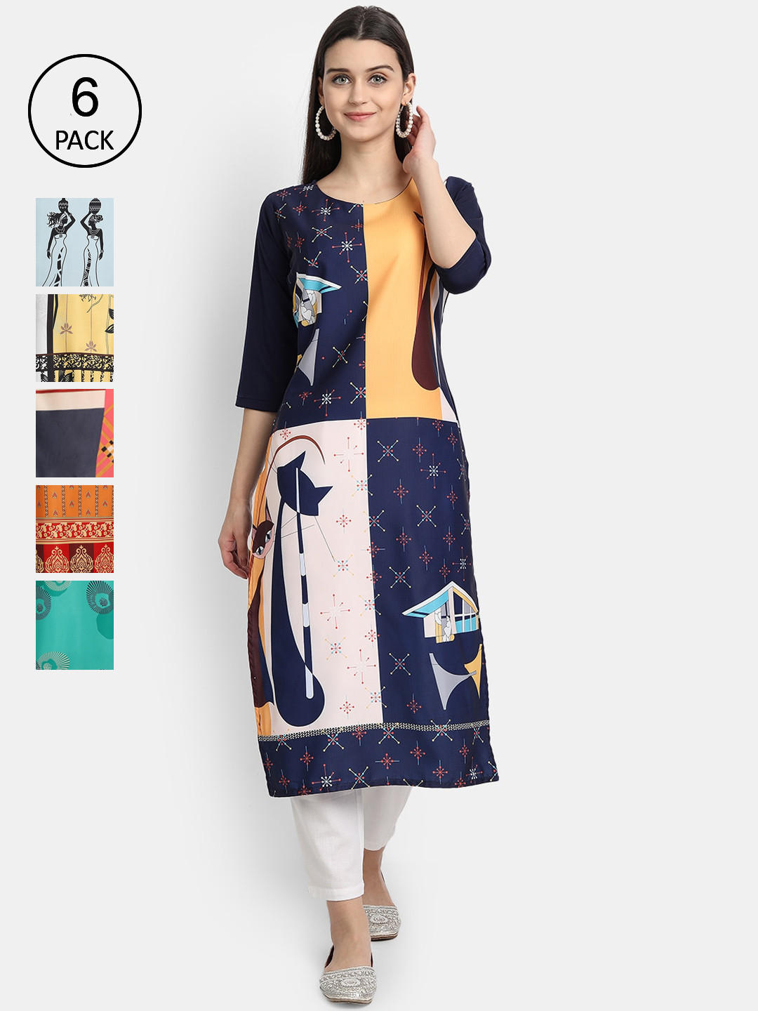 7Threads Women Pack Of 6 Ethnic Motifs Printed Crepe Kurta, Multi 
7Threads Women Pack Of 6 Ethnic Motifs Printed Crepe Kurta, Multi