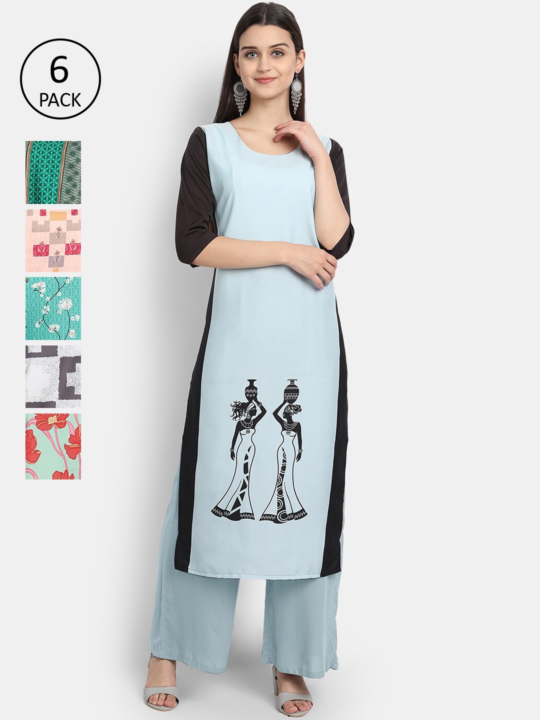 7Threads Women Pack of 6 Printed Crepe Kurtas, Blue