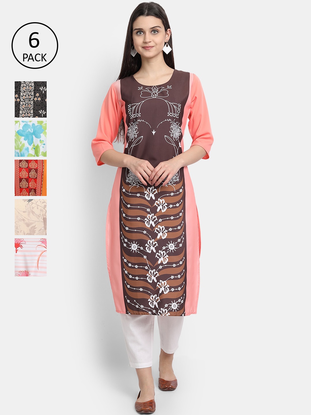 7Threads Women Pack of 6 Printed Crepe Kurtas, Pink