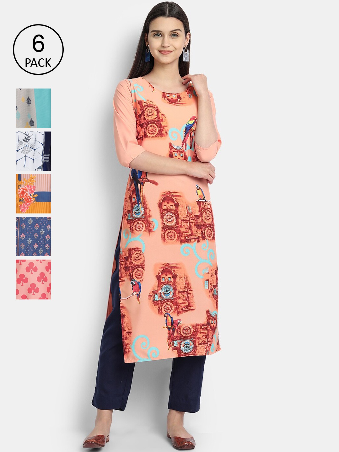 7Threads Women Pack Of 6 Multicoloured Floral Printed Crepe Kurtas, Multi