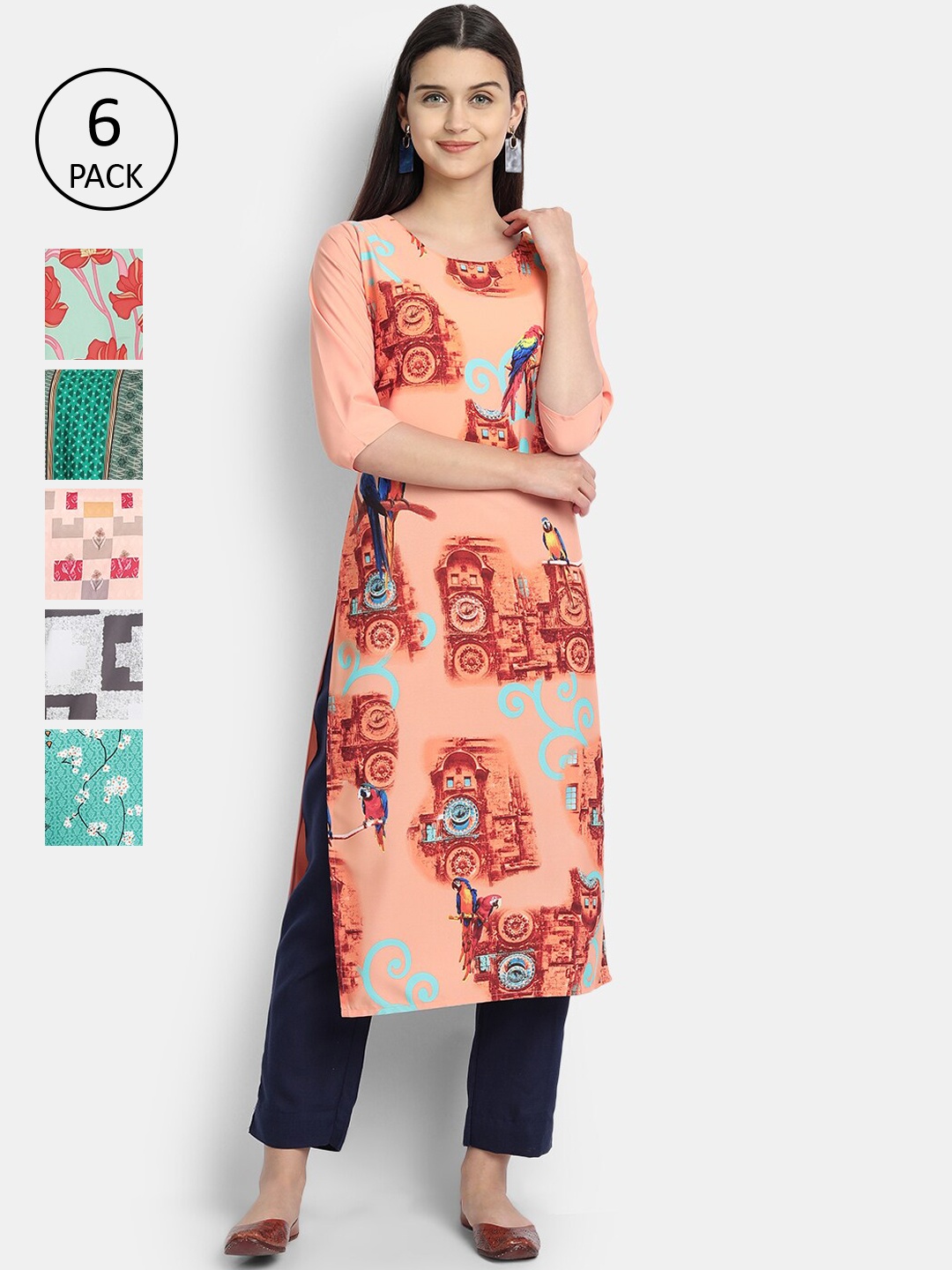 7Threads Women Pack Of 6 Floral Printed Crepe Kurta, Multi