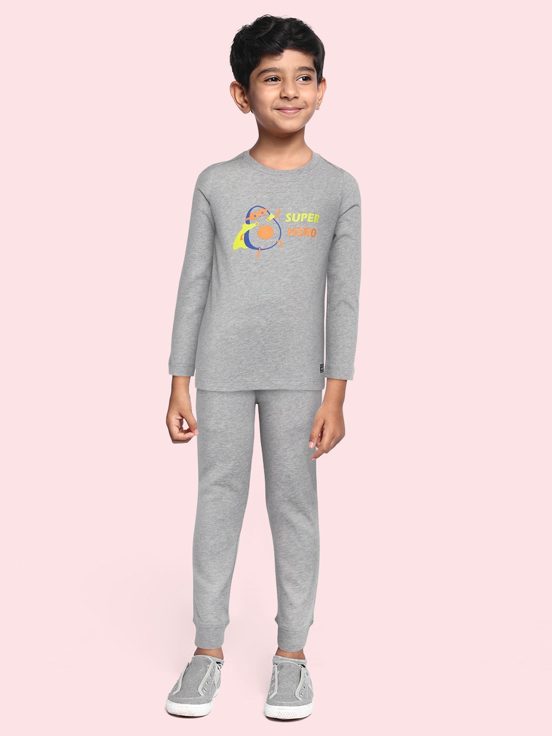 abof Boys Grey Melange Typography Print Knitted Pure Cotton T-shirt with Joggers Set