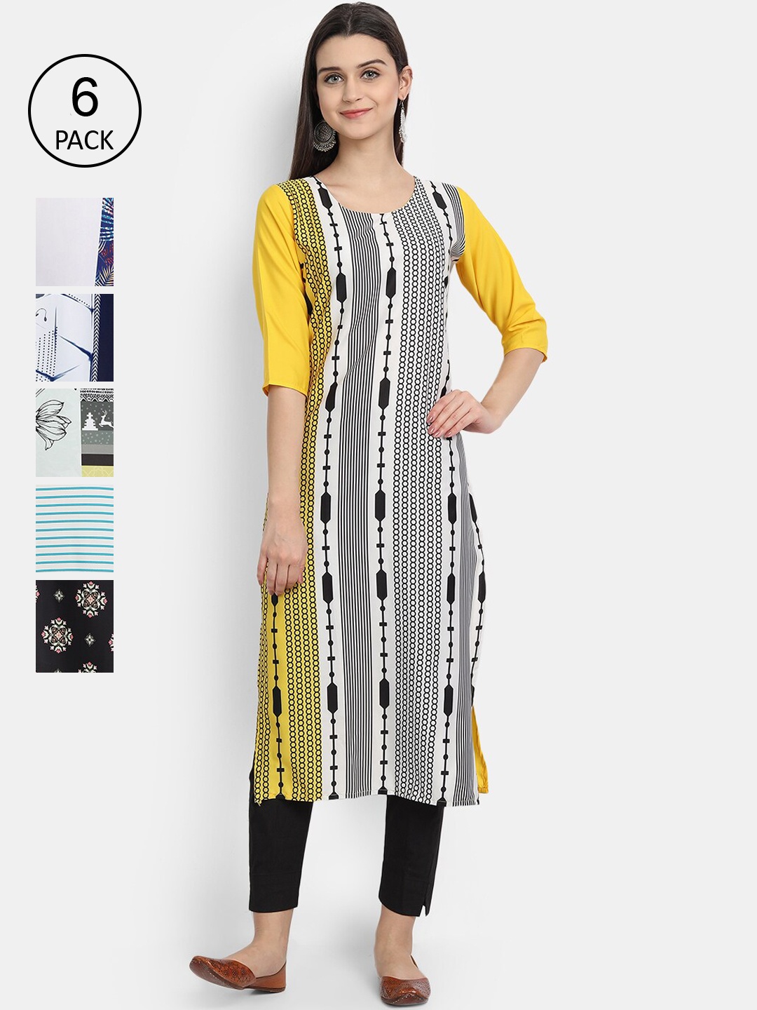 7Threads Women Pack of 6 Digital Printed Straight Crepe Kurtas, Multi