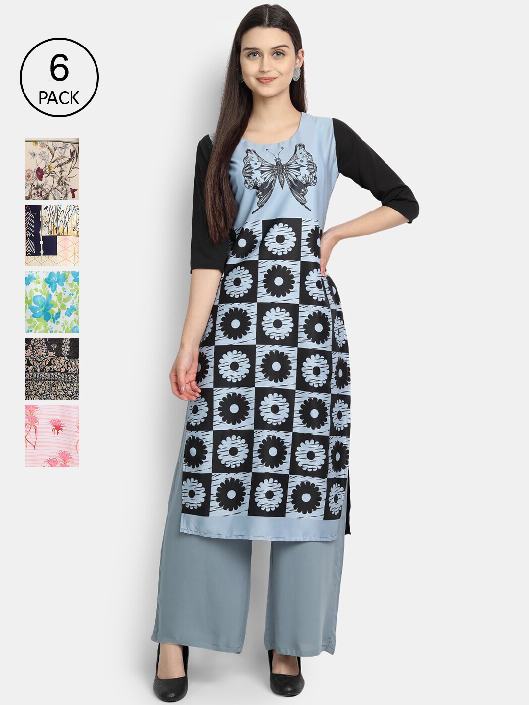 7Threads Women Pack of 6 Ethnic Motifs Printed Crepe Kurta, Blue