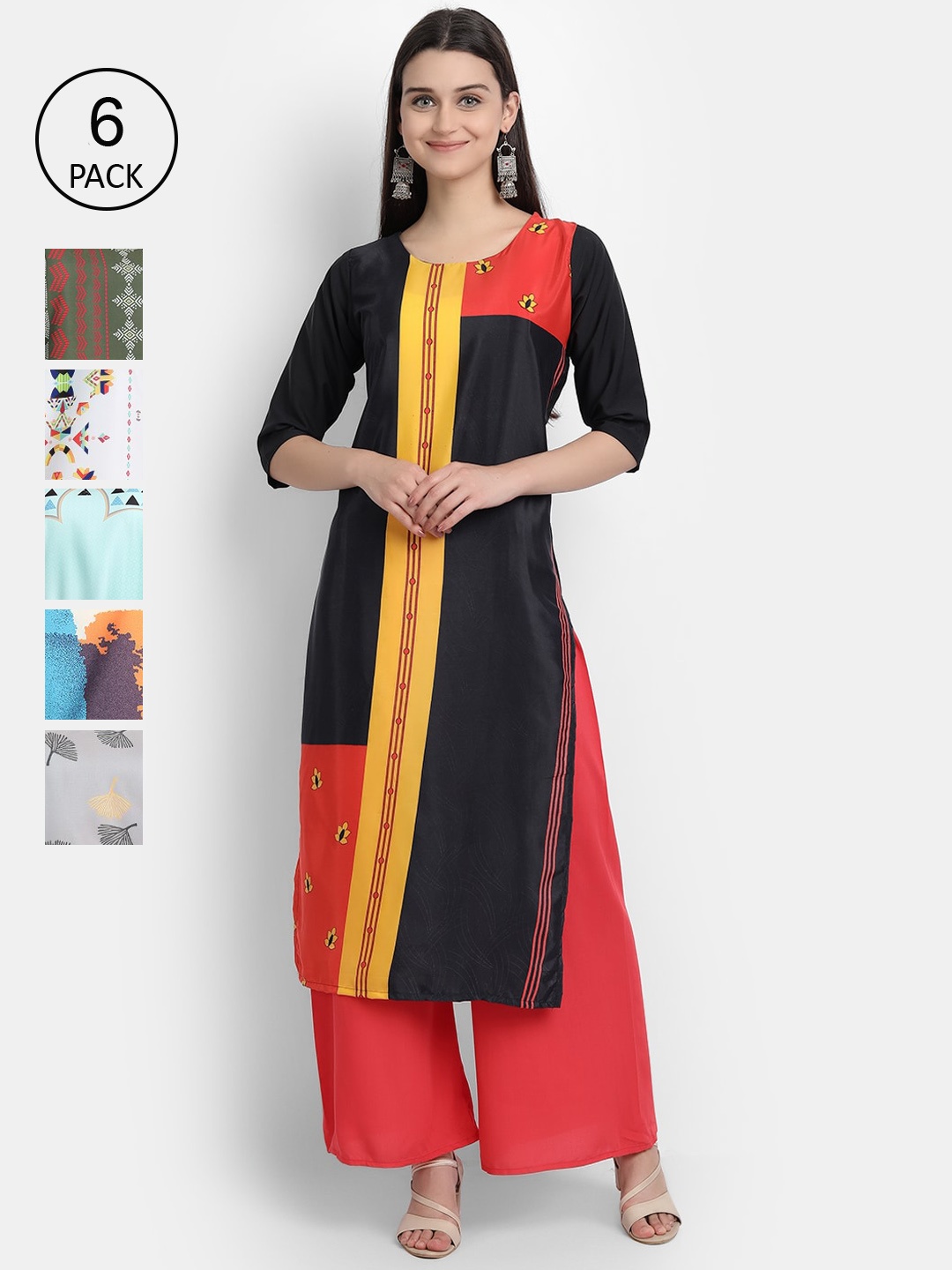 7Threads Women Pack of 6 Digital Printed Straight Crepe Kurtas, Multi