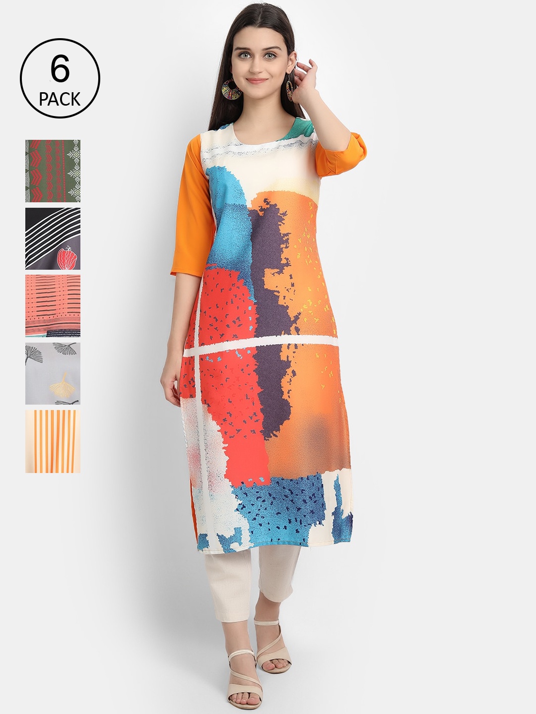 7Threads Women Pack of 6 Printed Crepe Kurta, Multi