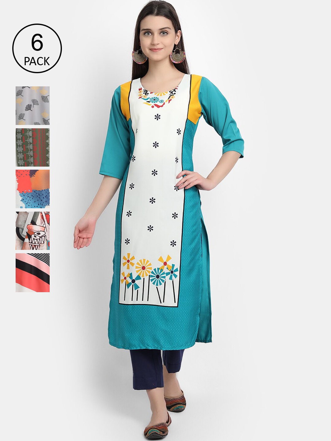 7Threads Women Pack of 6 Floral Printed Kurtas, Multi