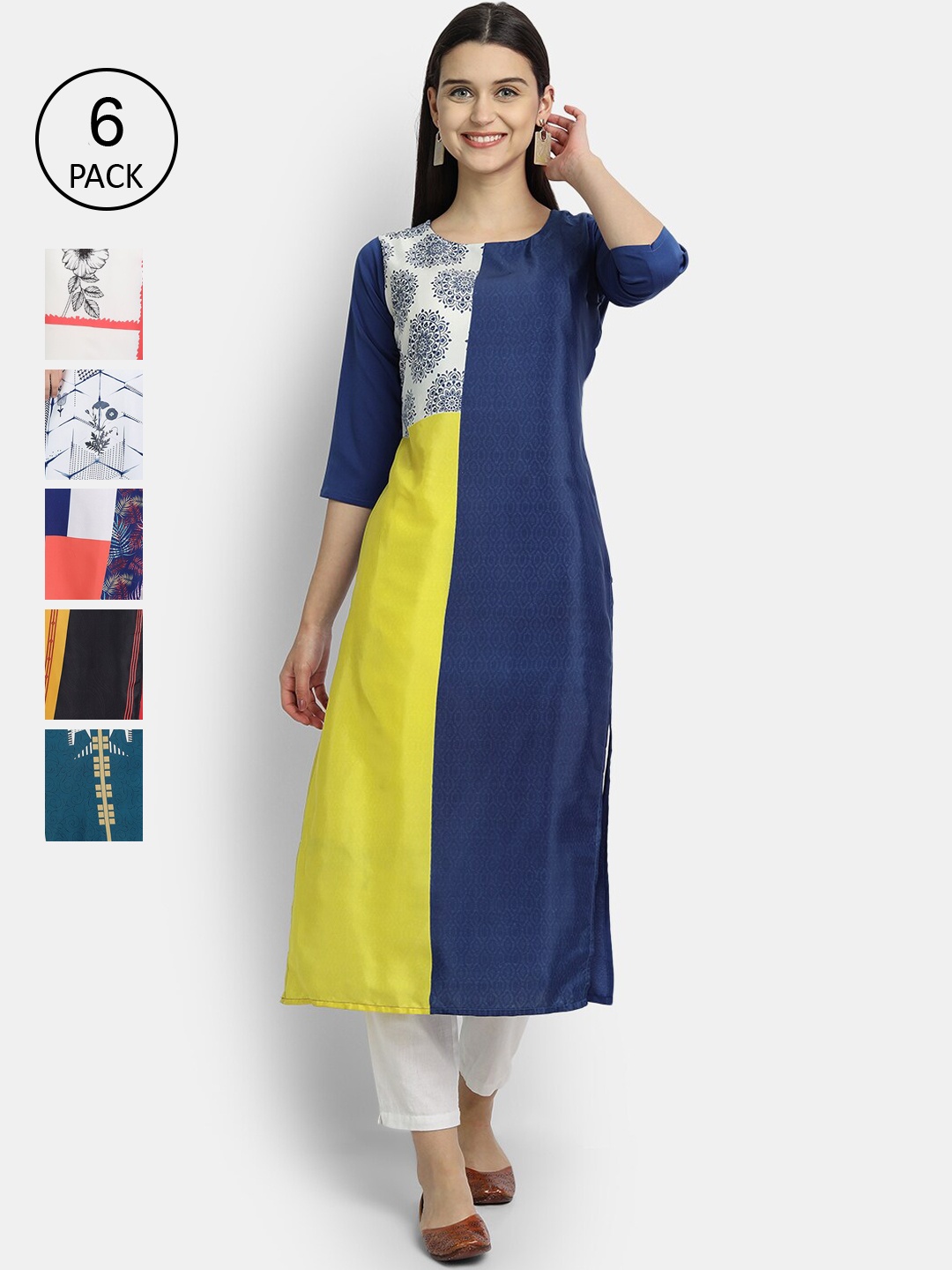 7Threads Women Pack Of 6 Printed Crepe Kurtas, Yellow