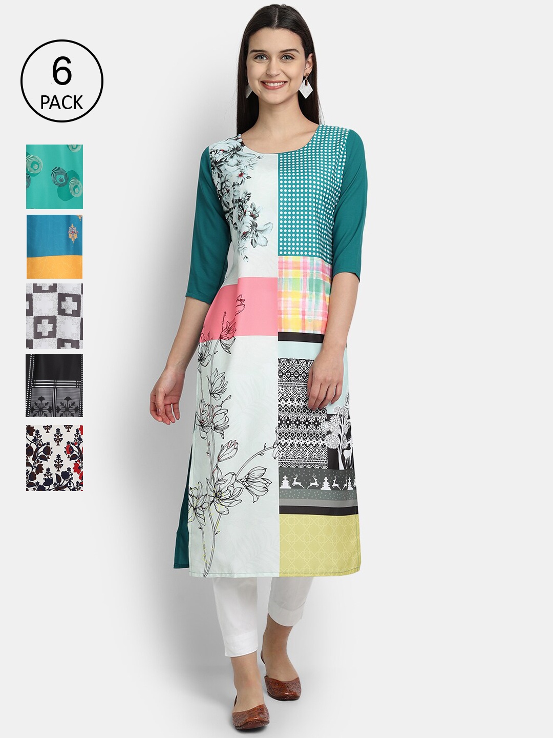 7Threads Women Pack Of 6 Printed Crepe Kurtas, White