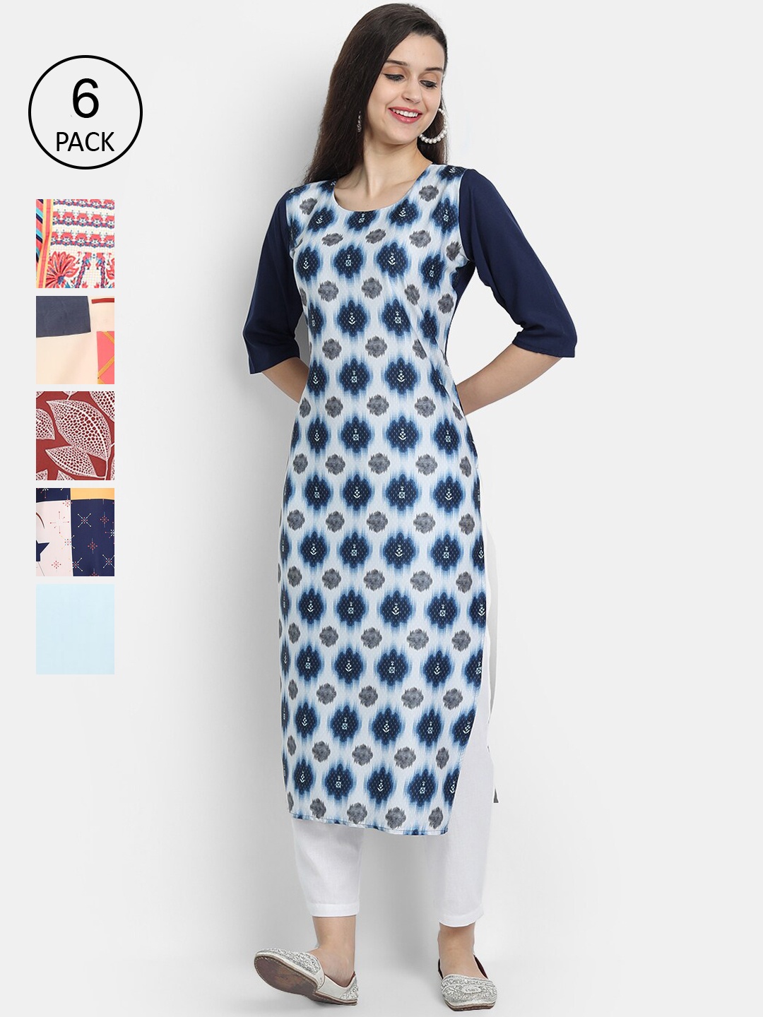 7Threads Women Pack Of 6 Printed Crepe Kurta, Blue