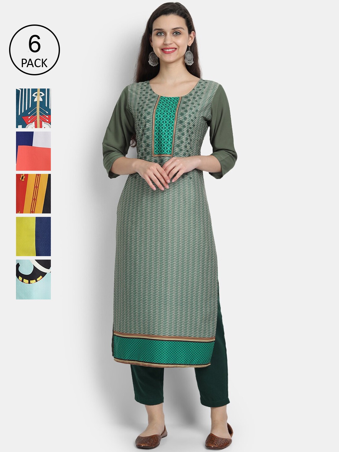 7Threads Women Pack Of 6 Printed Crepe Kurtas, Grey