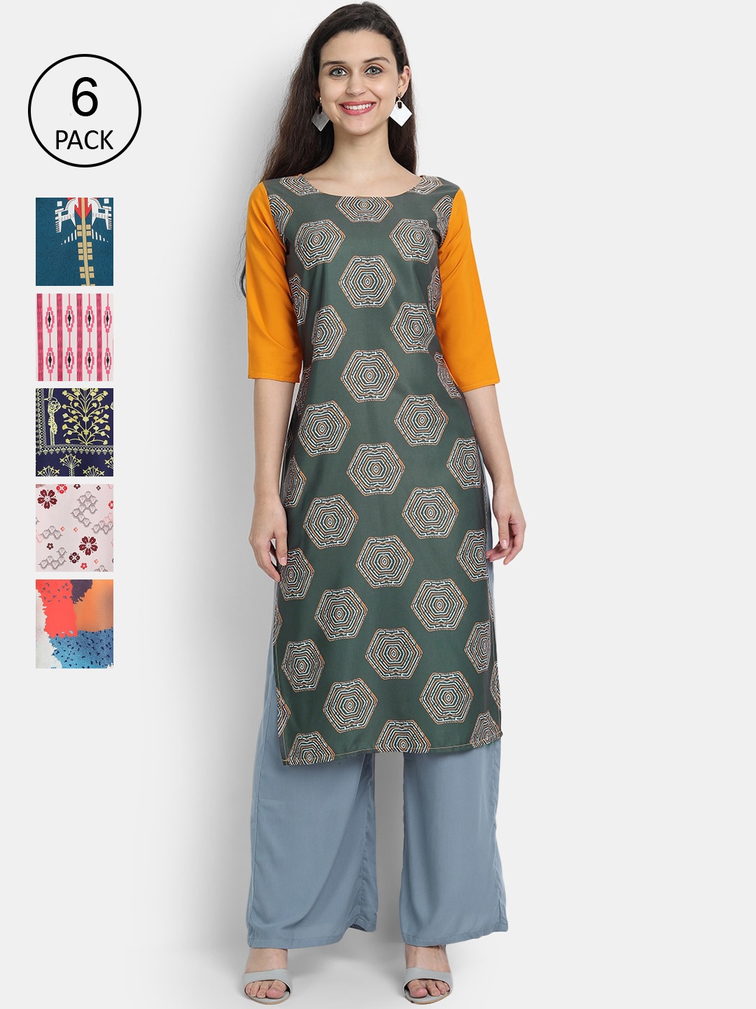 7Threads Women Pack Of 6 Multicoloured Ethnic Motifs Printed Crepe Kurta, Multi