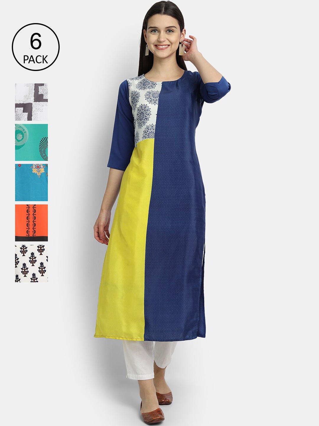 7Threads Women Pack of 6 Blue & White Ethnic Motifs Printed Crepe Kurta