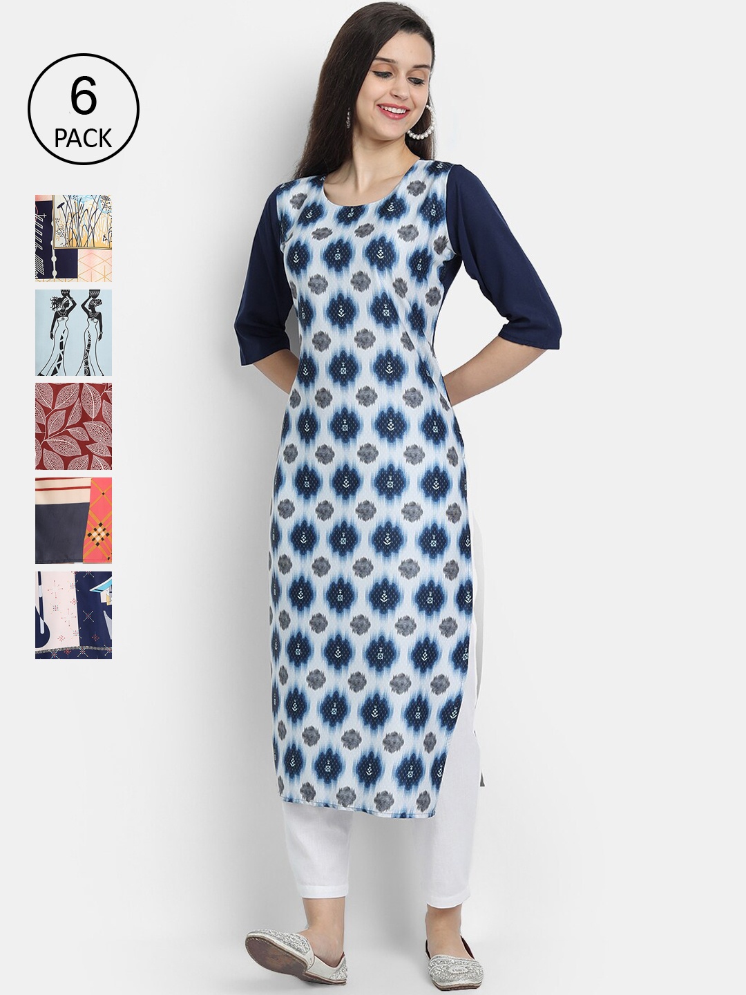 7Threads Women Pack Of 6 Ethnic Motifs Printed Crepe Kurta, Blue