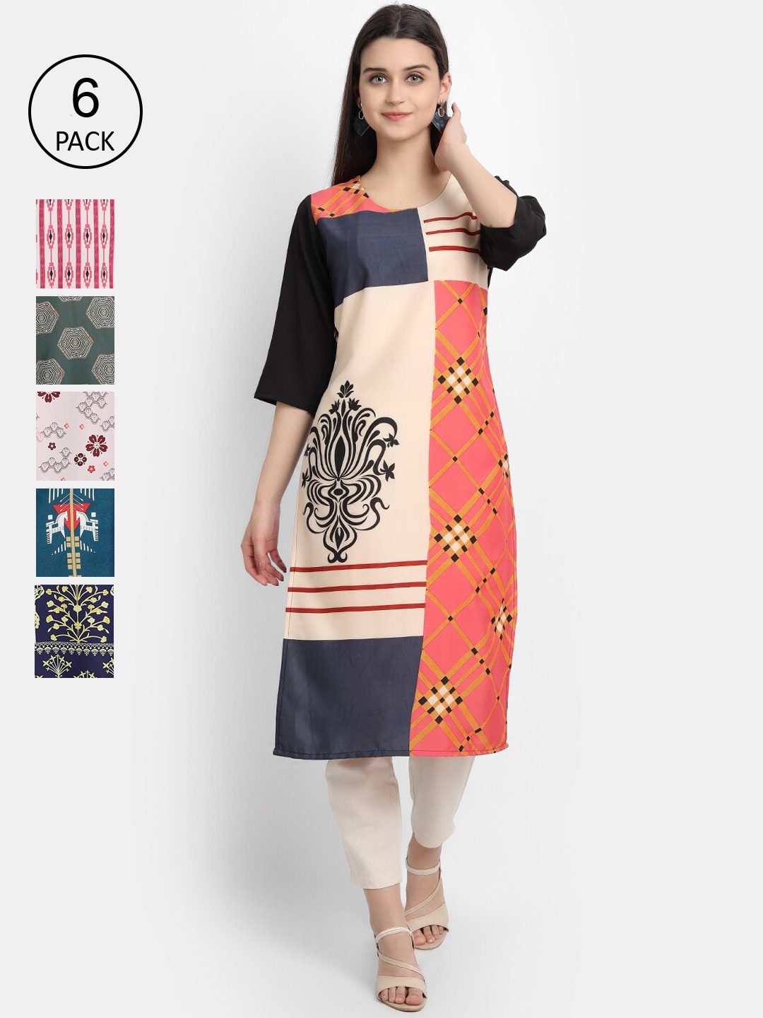 7Threads Women Pack Of 6 Multicoloured Printed Crepe Kurta, Multi