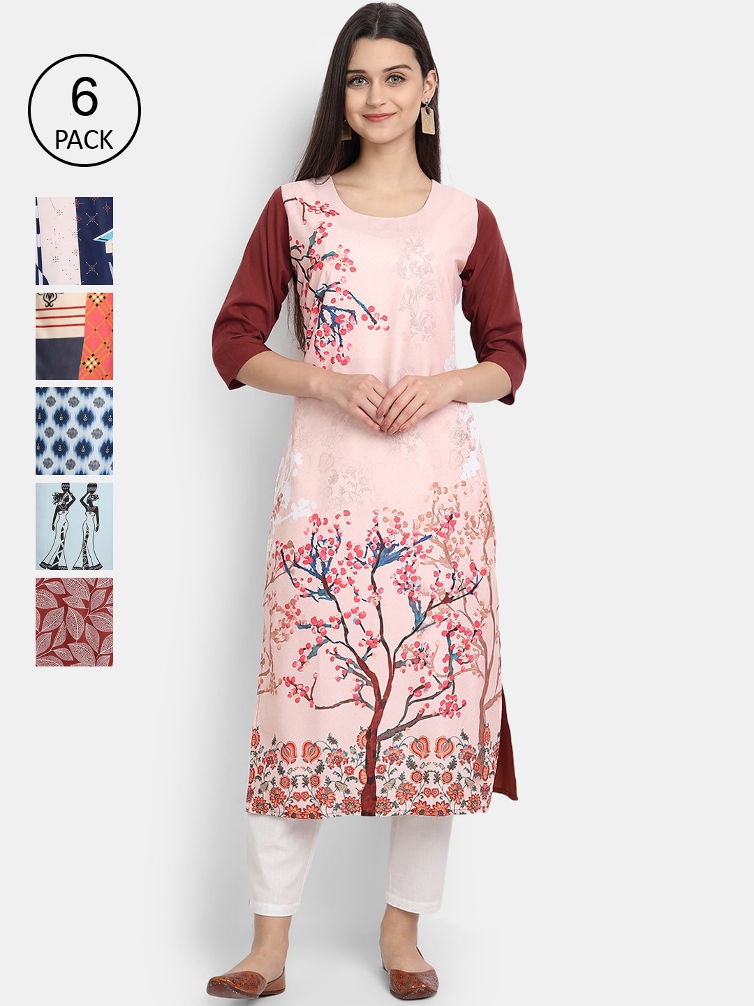 7Threads Women Pack of 6 Printed Crepe Kurta, Multi