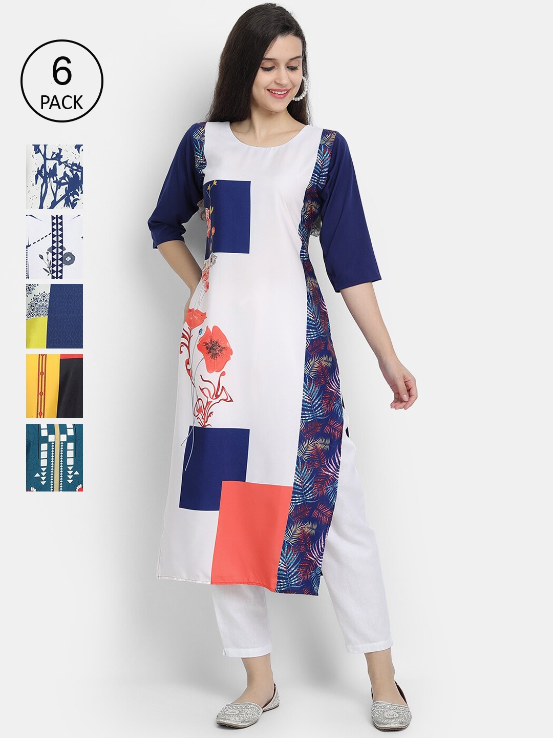 7Threads Women Multicoloured Pack Of 6 Digital Printed Straight Crepe Kurta, Multi