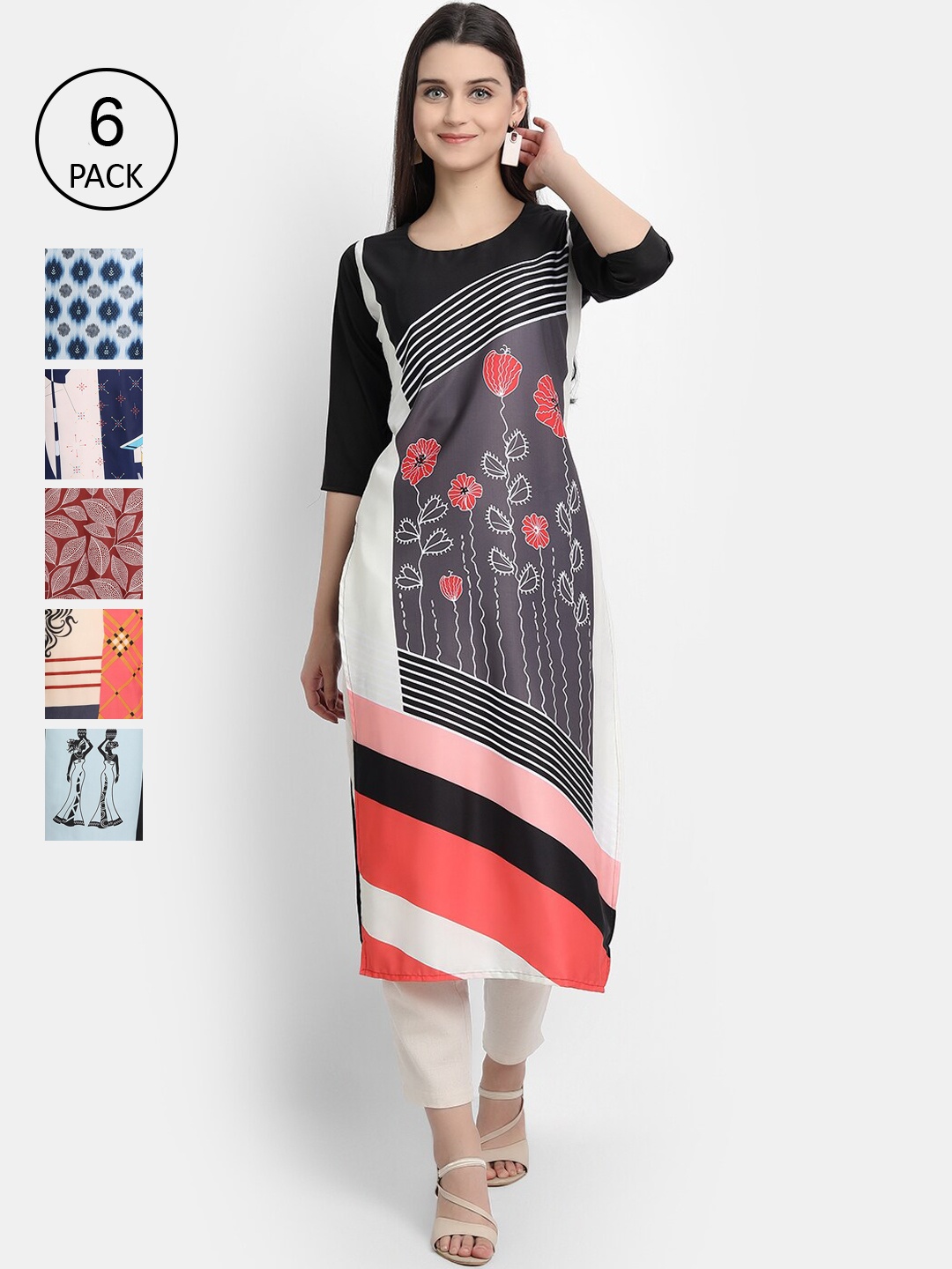 7Threads Women Pack Of 6 Printed Crepe Kurta, Black