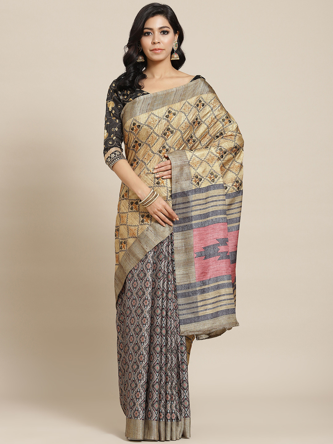Chhabra 555 Beige Kalamkari Print Kantha Embroidered Half-and-Half Jute Silk Tussar Saree
Chhabra 555 Beige Kalamkari Print Kantha Embroidered Half-and-Half Jute Silk Tussar Saree