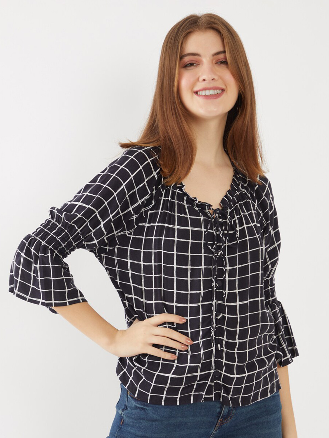Zink London Women Black & White Checked Shirt Style Top 
Zink London Women Black & White Checked Shirt Style Top