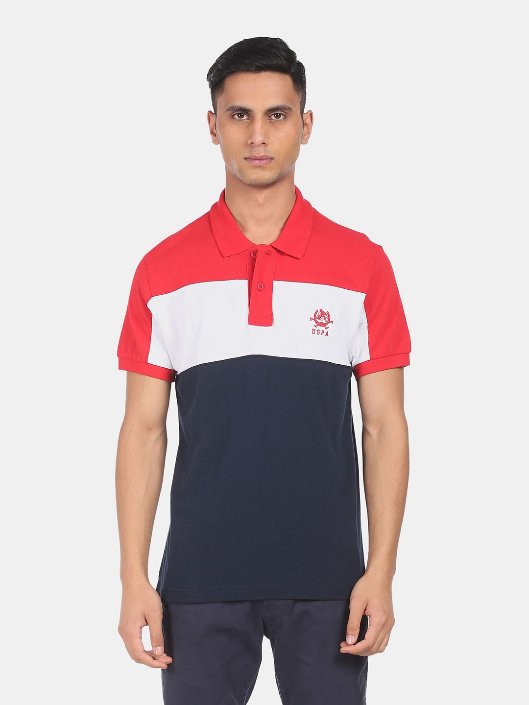 U S Polo Assn Men Red & Navy Blue Colourblocked Polo Collar Pure Cotton Slim Fit T-shirt
U S Polo Assn Men Red & Navy Blue Colourblocked Polo Collar Pure Cotton Slim Fit T-shirt