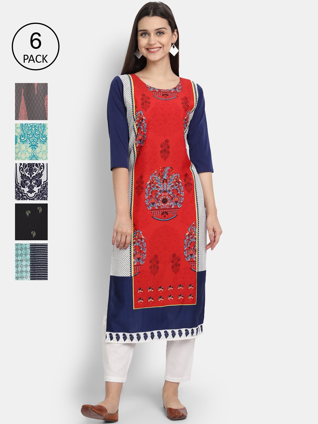 7Threads Women Pack Of 6 Multicoloured Geometric Printed Thread Work Crepe Kurta, Multi
7Threads Women Pack Of 6 Multicoloured Geometric Printed Thread Work Crepe Kurta, Multi
