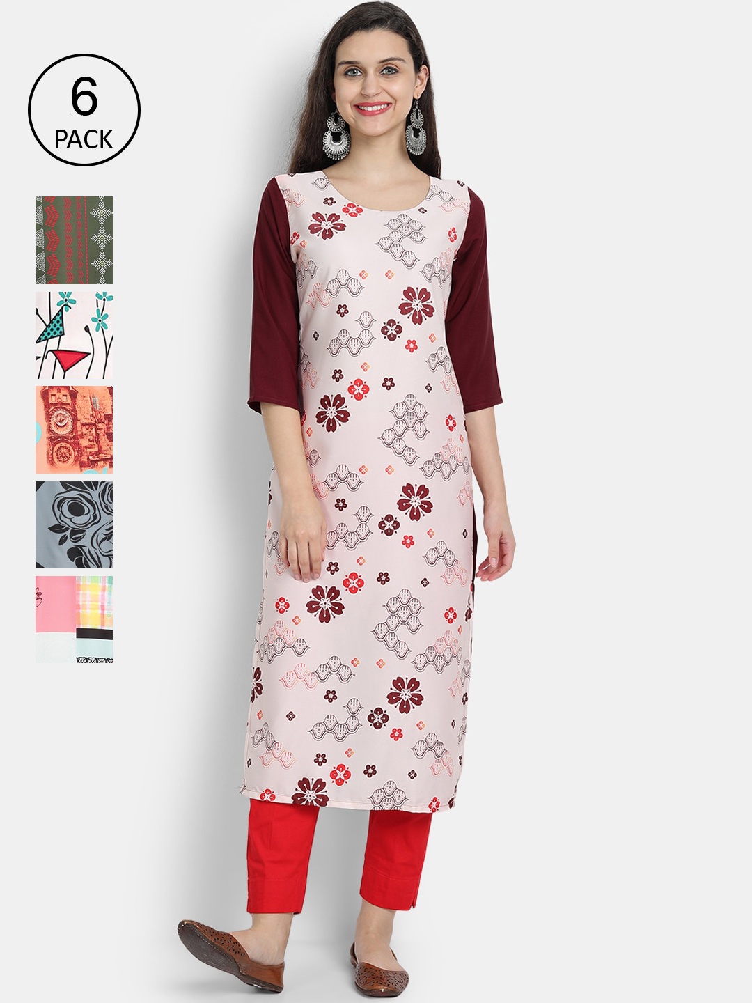 7Threads Women Pack Of 6 Printed Straight Kurta, Multi