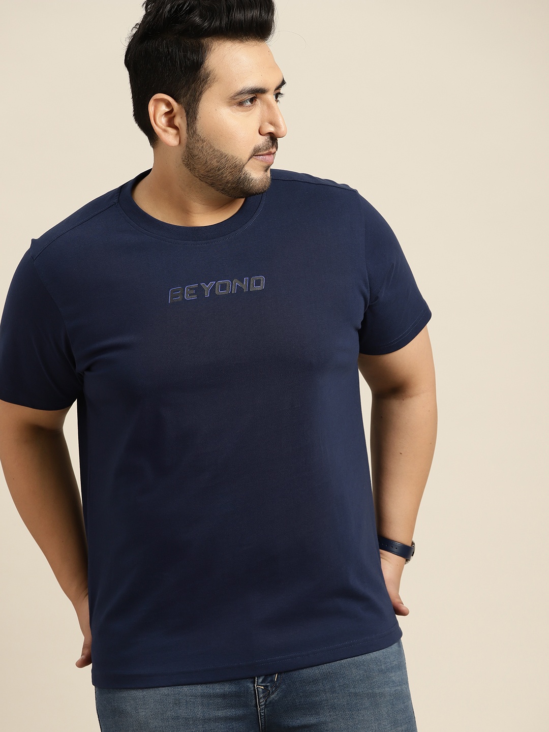 Sztori Men Plus Size Navy Blue Typography Print Detail T-shirt