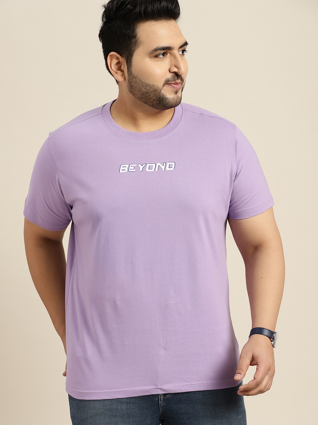 Sztori Men Plus Size Purple Typography Print Detail T-shirt