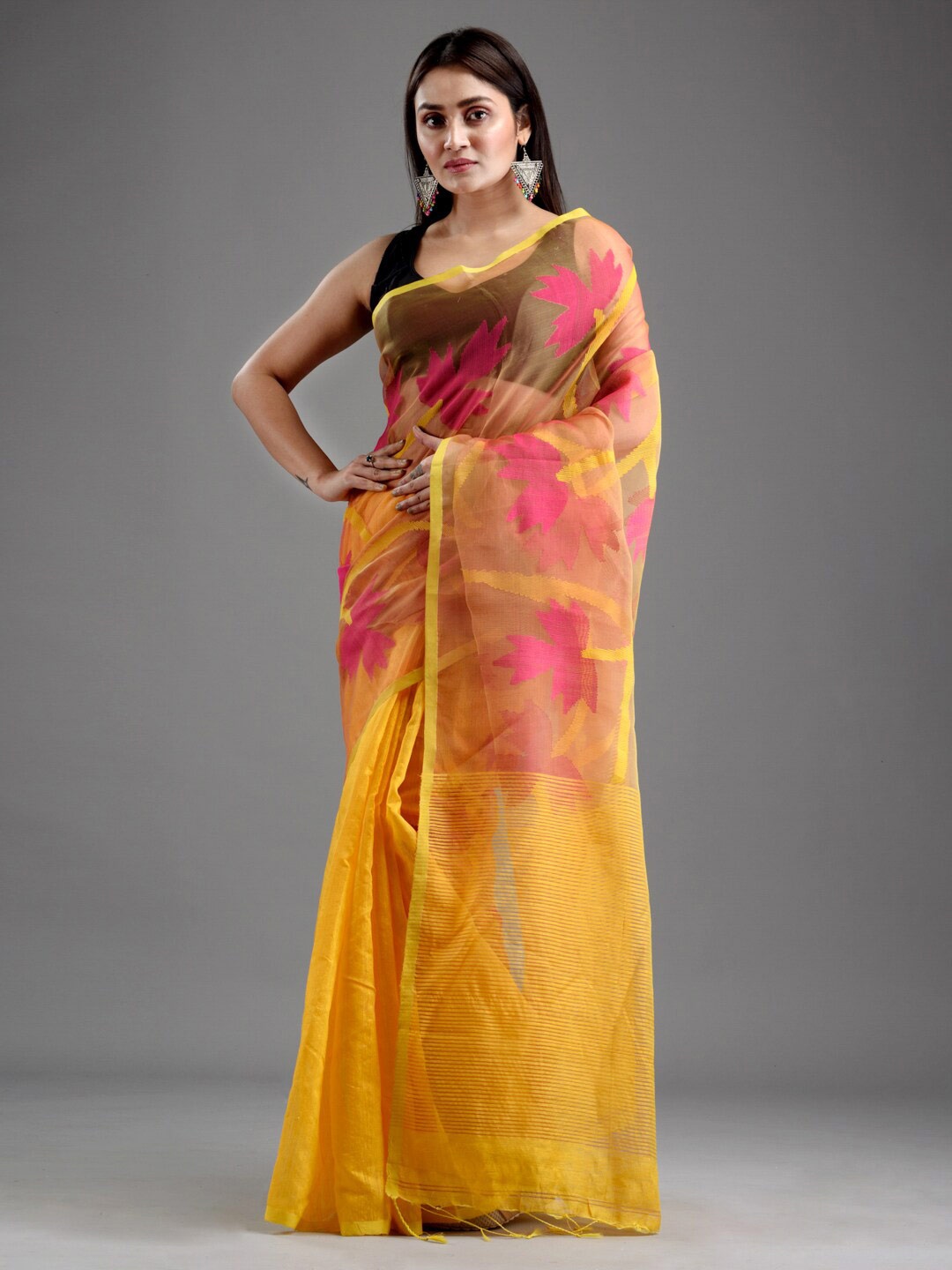 Mitera Yellow & Grey Floral Art Silk Saree