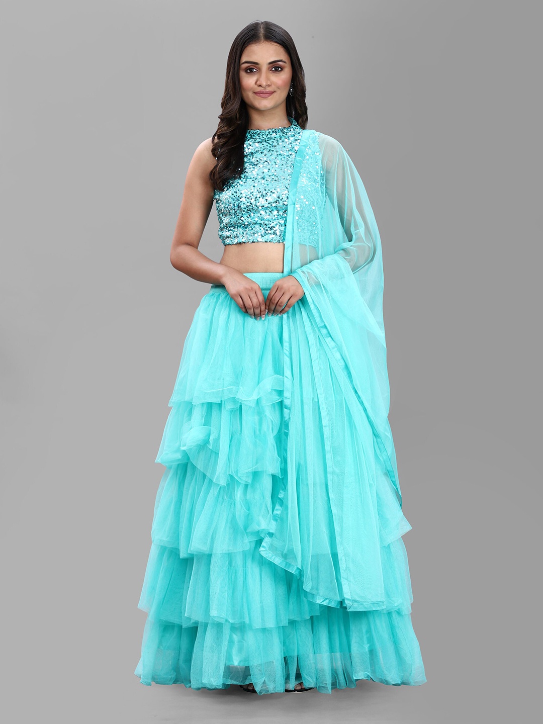 DIVASTRI Turquoise Blue Semi-Stitched Ruffle Lehenga & Unstitched Blouse With Dupatta
DIVASTRI Turquoise Blue Semi-Stitched Ruffle Lehenga & Unstitched Blouse With Dupatta