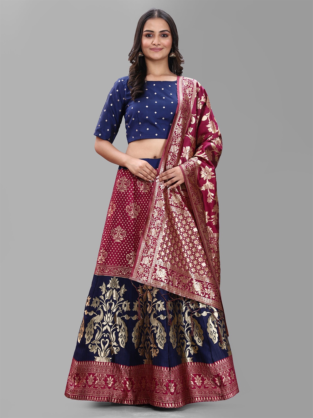 DIVASTRI Burgundy & Blue Banarasi Semi-Stitched Lehenga & Unstitched Blouse With Dupatta
DIVASTRI Burgundy & Blue Banarasi Semi-Stitched Lehenga & Unstitched Blouse With Dupatta