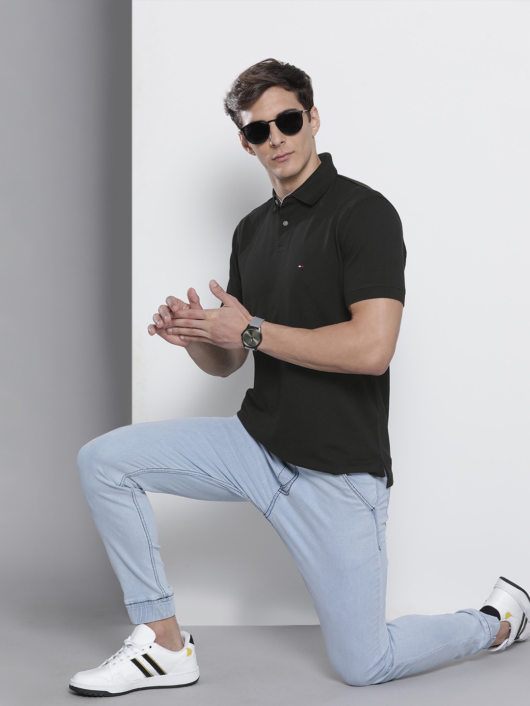 Tommy Hilfiger Men Black Solid Polo Collar Regular Sleeves Brand Logo Embroidered T-shirt