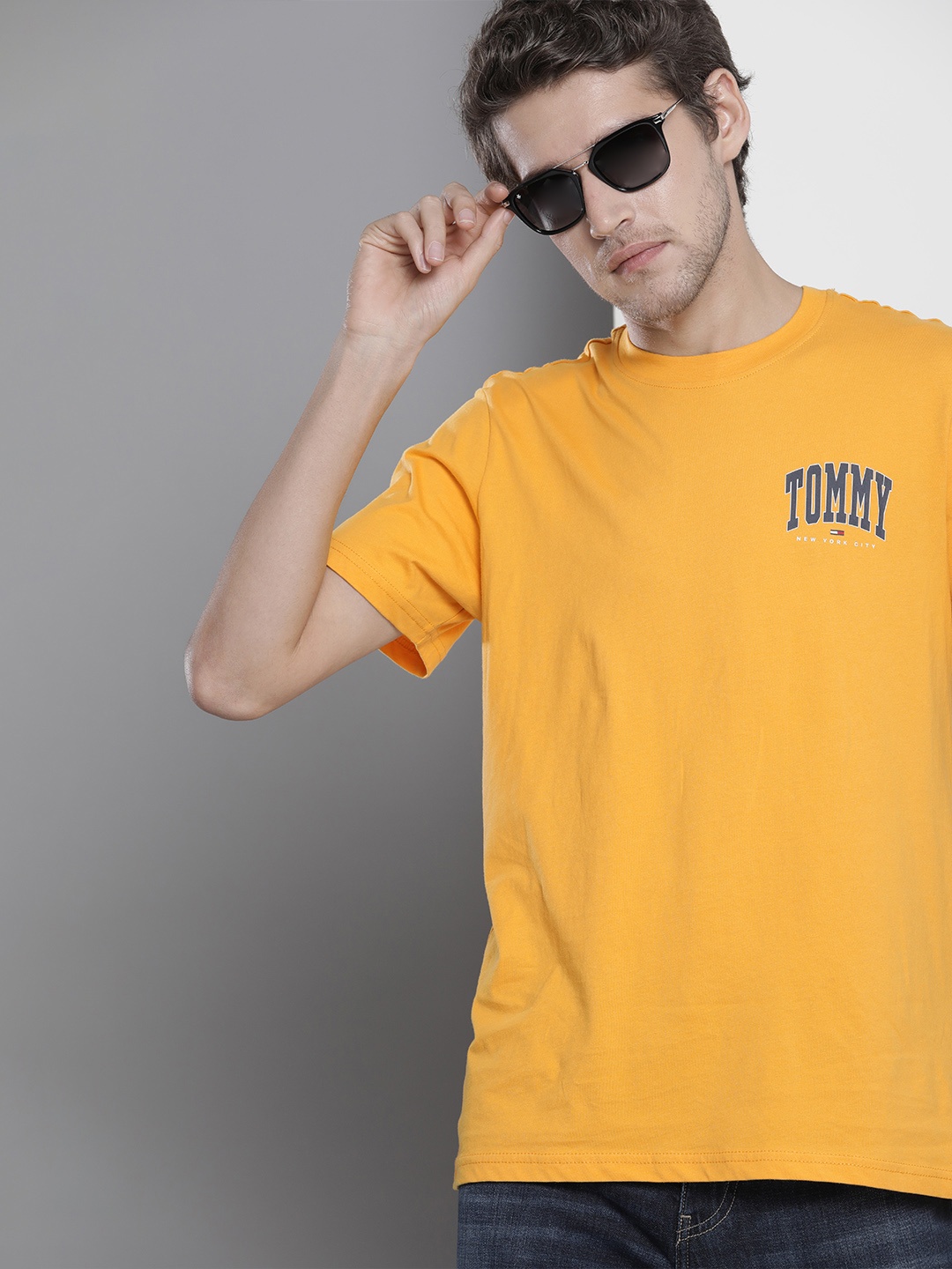 Tommy Hilfiger Men Mustard Yellow Brand Logo Printed Organic Cotton T-shirt