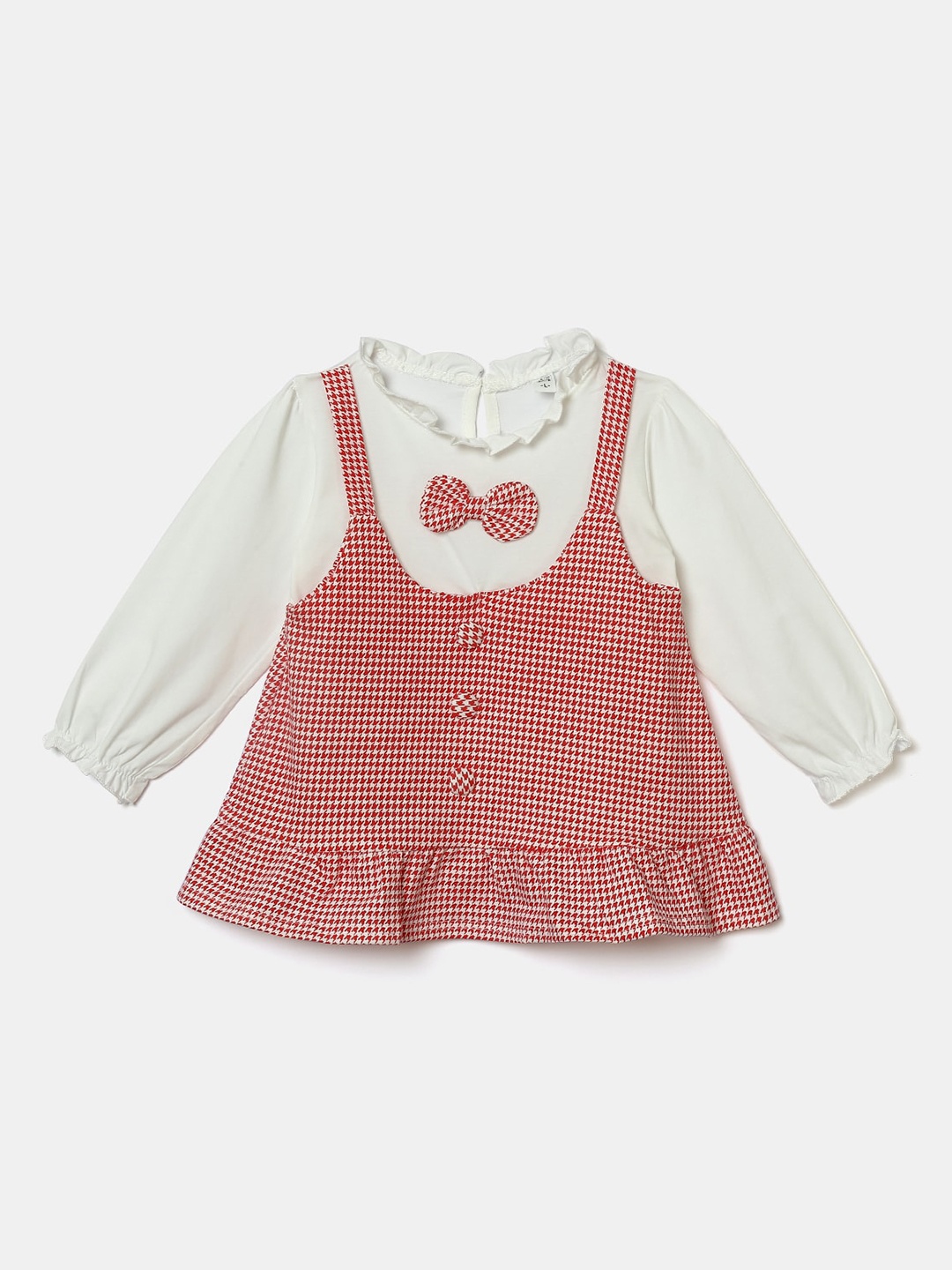 Hopscotch Girls Pink & White Checked Round Neck A-line Top