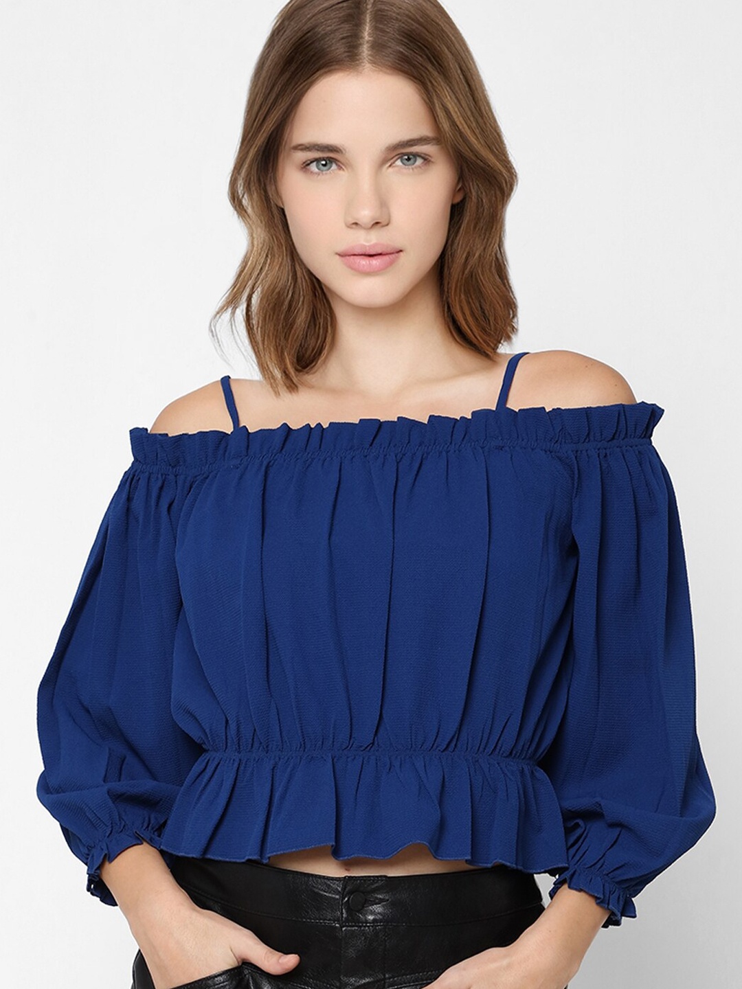 ONLY Blue Cinched Waist Crop Top