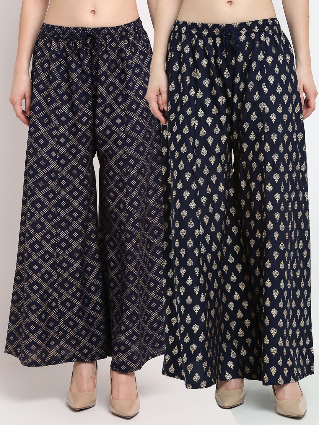 GRACIT Women Pack Of 2 Navy Blue & Gold-Toned Ethnic Motifs Printed Flared Ethnic Palazzos
GRACIT Women Pack Of 2 Navy Blue & Gold-Toned Ethnic Motifs Printed Flared Ethnic Palazzos