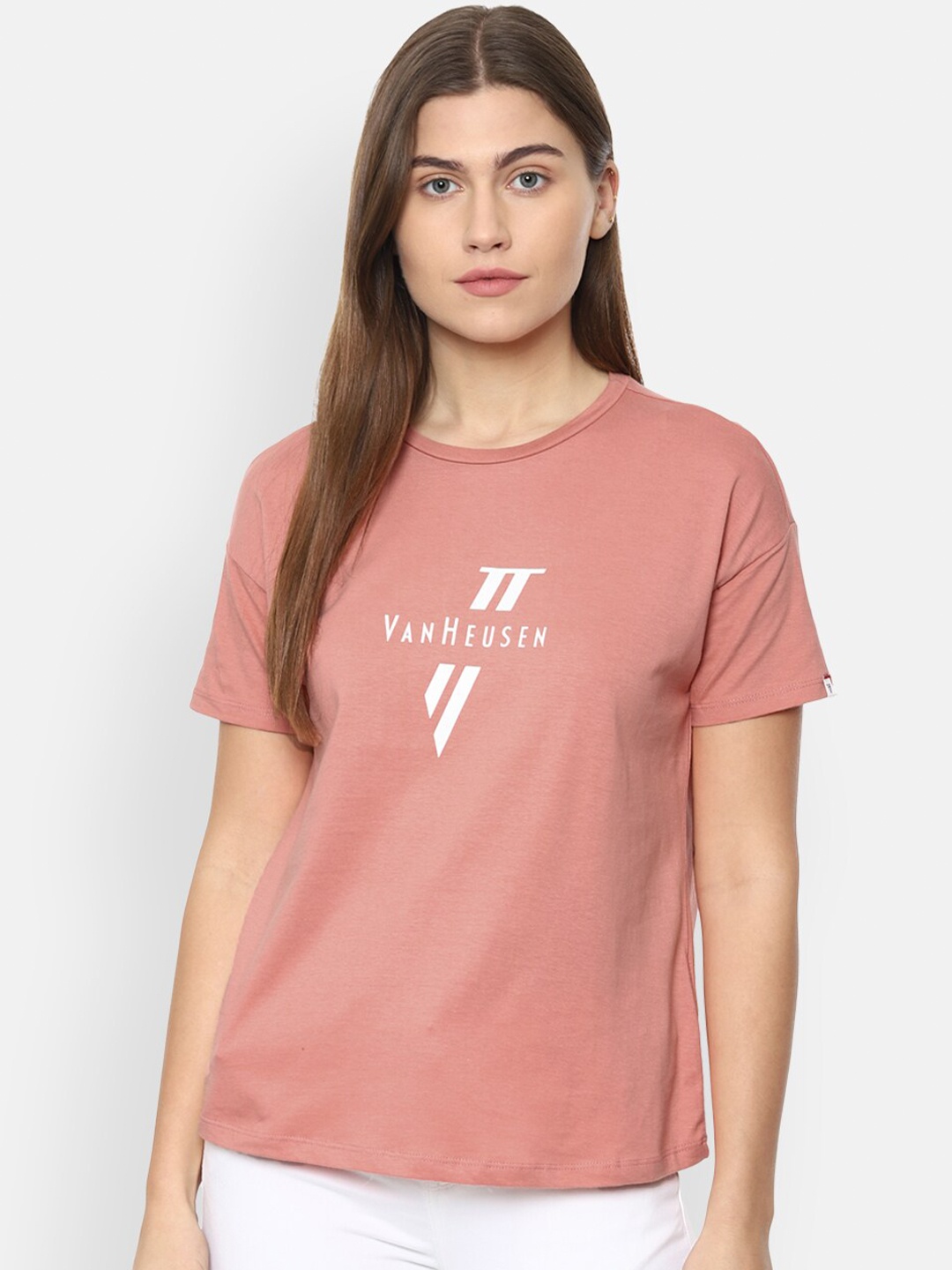 Van Heusen Woman Pink Typography Printed Drop-Shoulder Sleeves T-shirt