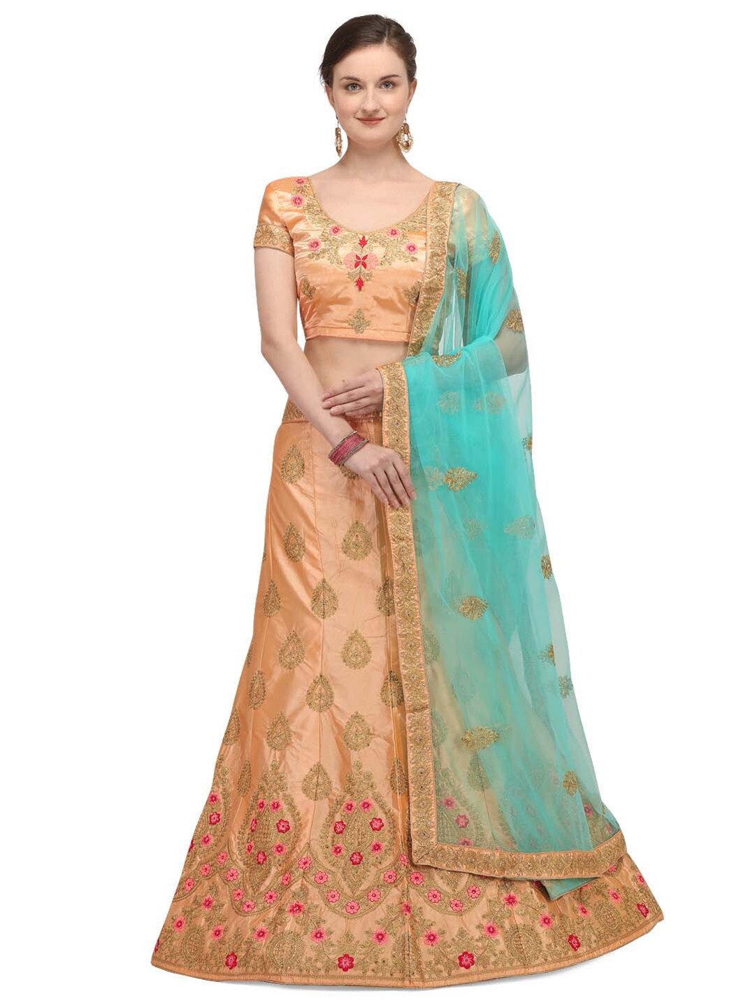 Netram Peach-Coloured & Turquoise Blue Embroidered Semi-Stitched Lehenga & Unstitched Blouse With Dupatta
Netram Peach-Coloured & Turquoise Blue Embroidered Semi-Stitched Lehenga & Unstitched Blouse With Dupatta