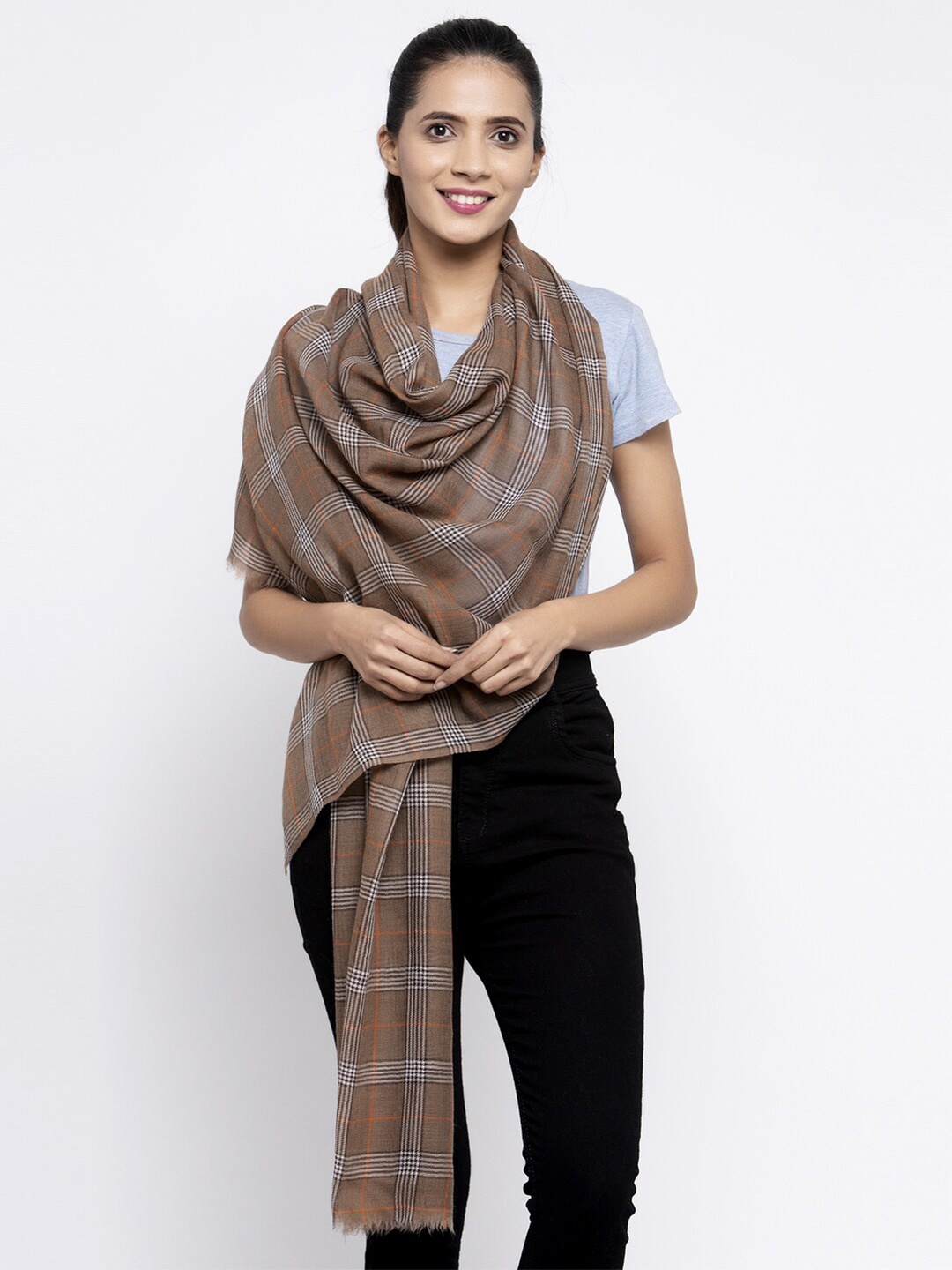 Calvadoss Women Beige Checked Wool Stole