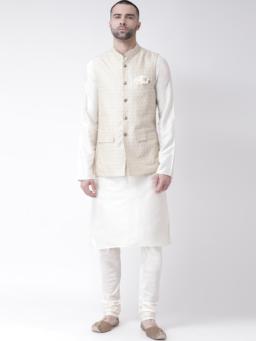 KISAH Men Beige Layered Kurta with Churidar & Jacket